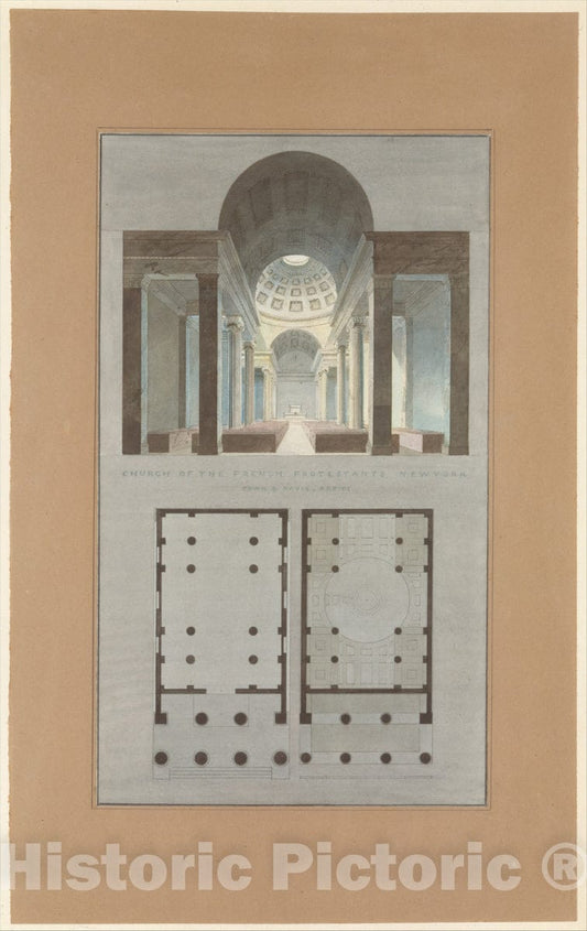 Art Print : Alexander Jackson Davis - Church of The French Protestants (Eglise Français du Saint Esprit), New York (Section and Plan) : Vintage Wall Art