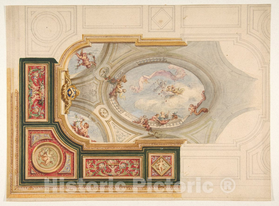 Art Print : Jules-Edmond-Charles Lachaise - Design for a Ceiling in Baroque Style with a Central Panel in Trompe L'Oeil : Vintage Wall Art