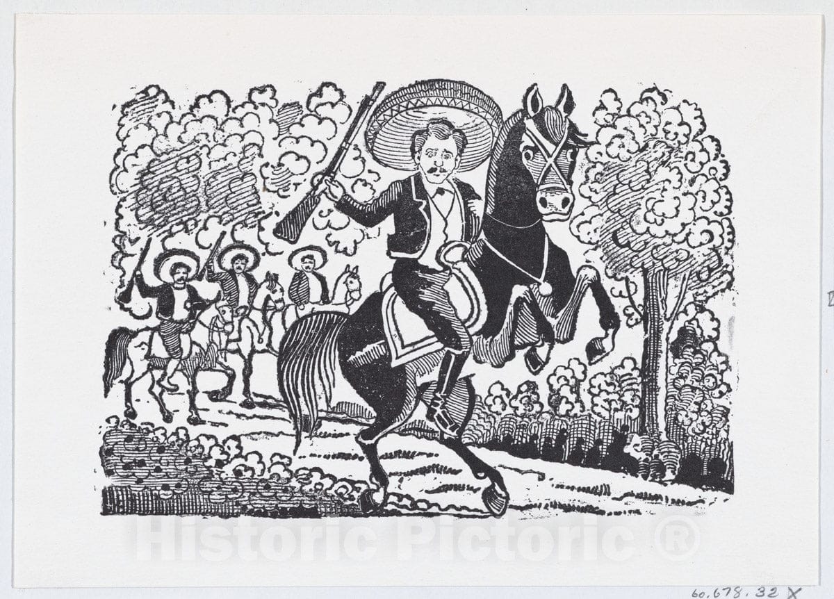 Art Print : José Guadalupe Posada - A Revolutionary Soldier on Horseback with a Rifle (Heraclio Bernal) : Vintage Wall Art