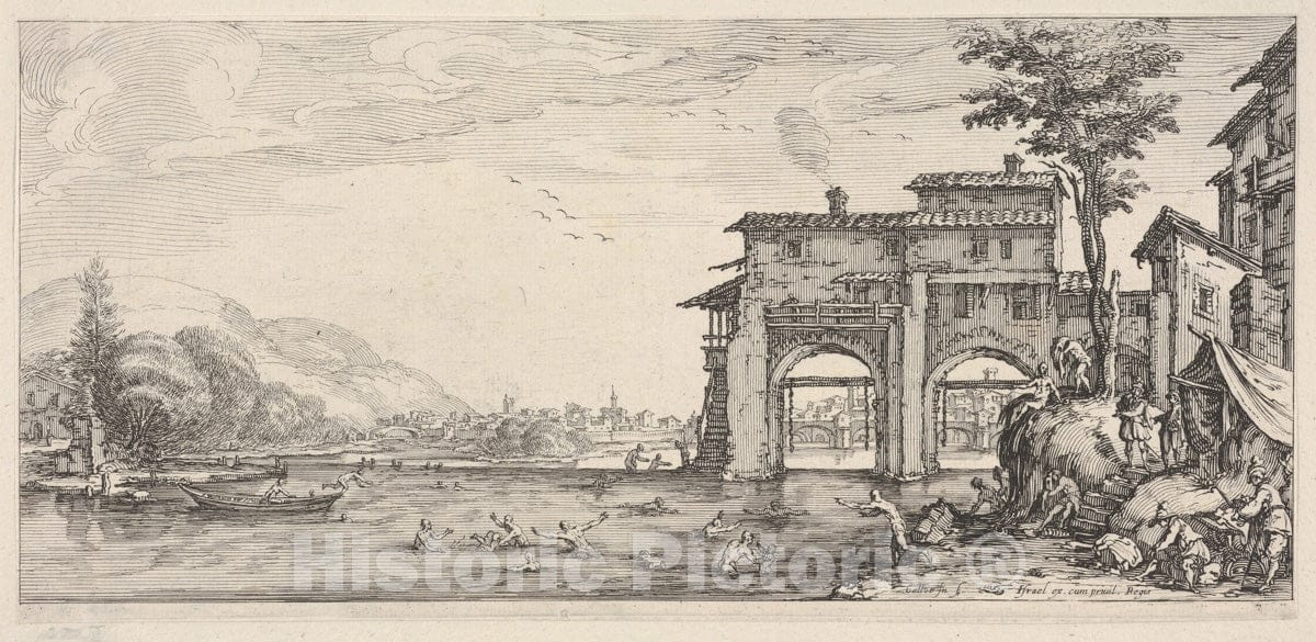 Art Print : View of Bathers and a Large Building at The Right - Artist: Jacques Callot - Created: c1618 : Vintage Wall Art