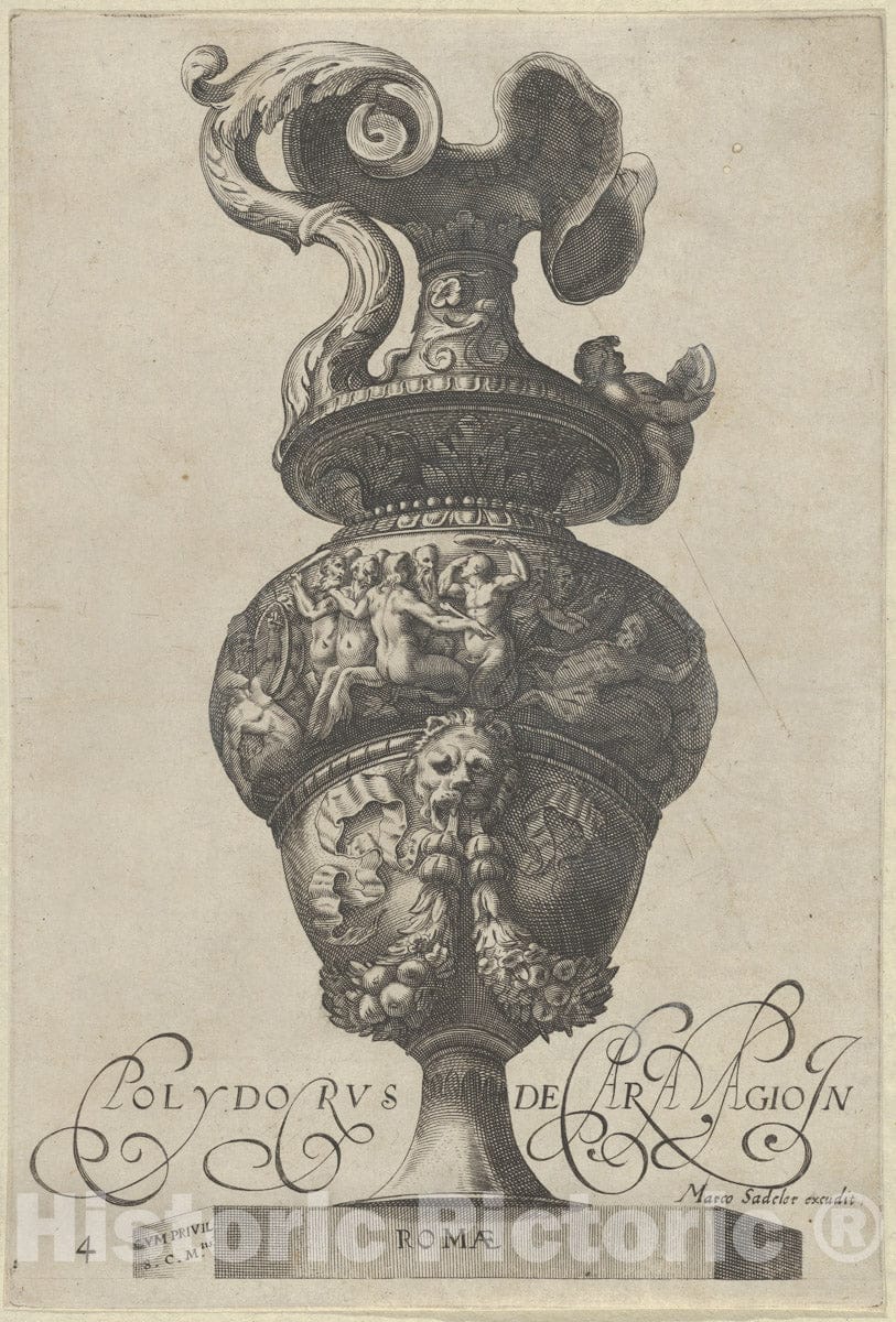 Art Print : Plate 4: Vase or Ewer with a Frieze containing Mermaids and centaurs - Artist: Cherubino Alberti (Zaccaria Mattia) - Created: 1605 : Vintage Wall Art