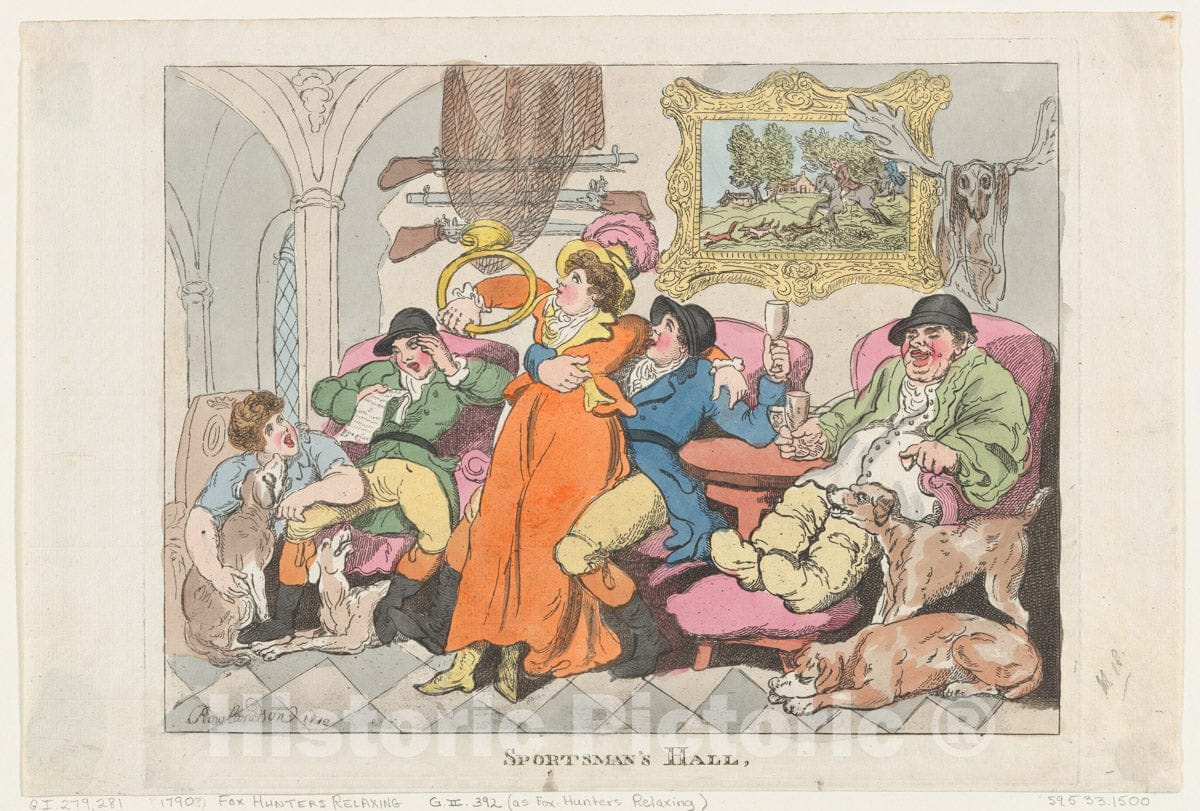 Art Print : Thomas Rowlandson - Sportsman's Hall, or Fox-Hunters Relaxing 2 : Vintage Wall Art