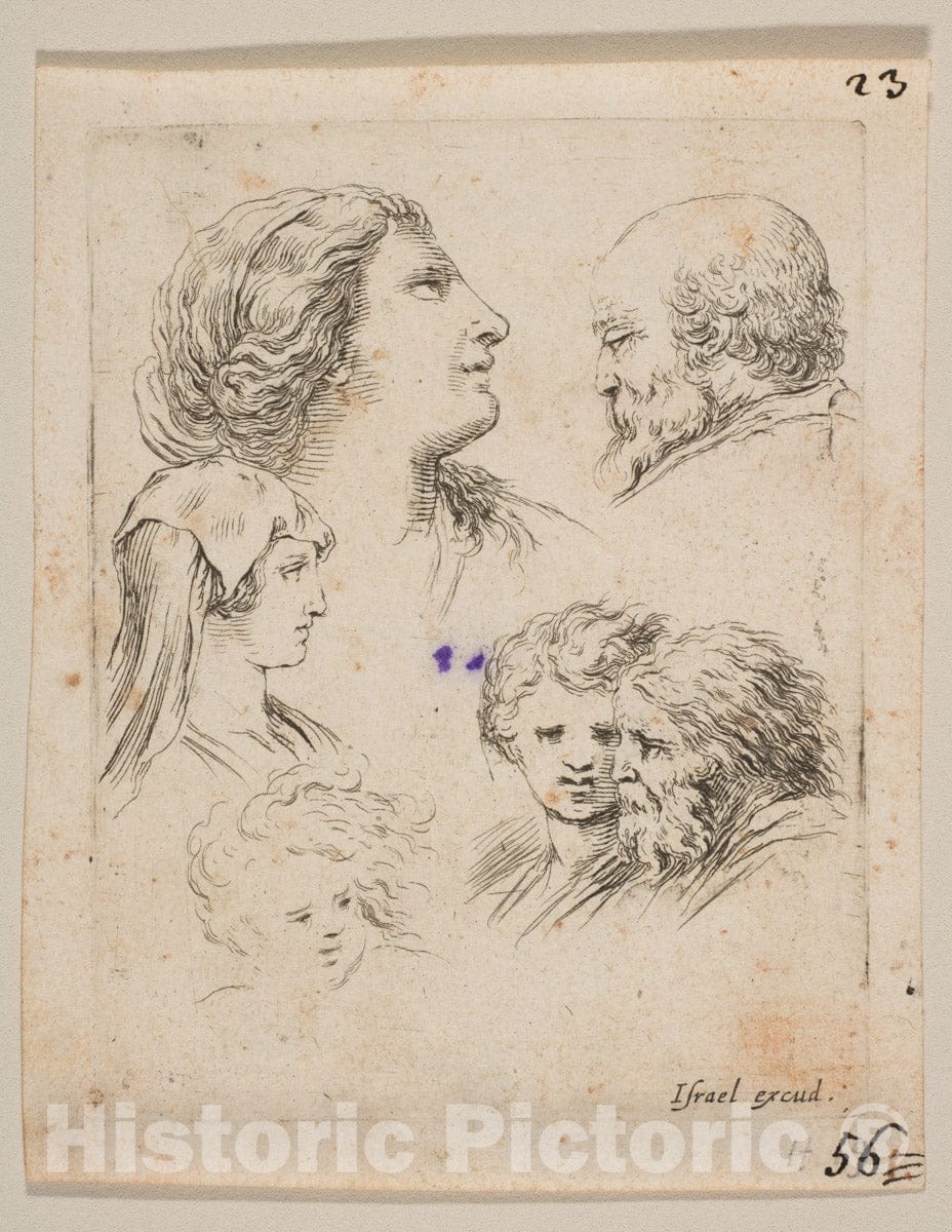 Art Print : Plate 9: Five Heads - Artist: Stefano Della Bella - Created: c1649 : Vintage Wall Art