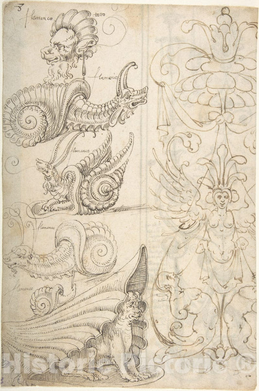 Art Print : Andrés de Melgar - Flemish Grotesque Creatures and a Candelabra Grotesque (Recto)