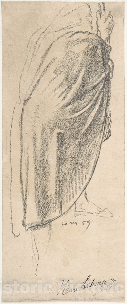 Art Print : Henri Lehmann - Back View of a Draped Male Figure Holding a Staff : Vintage Wall Art