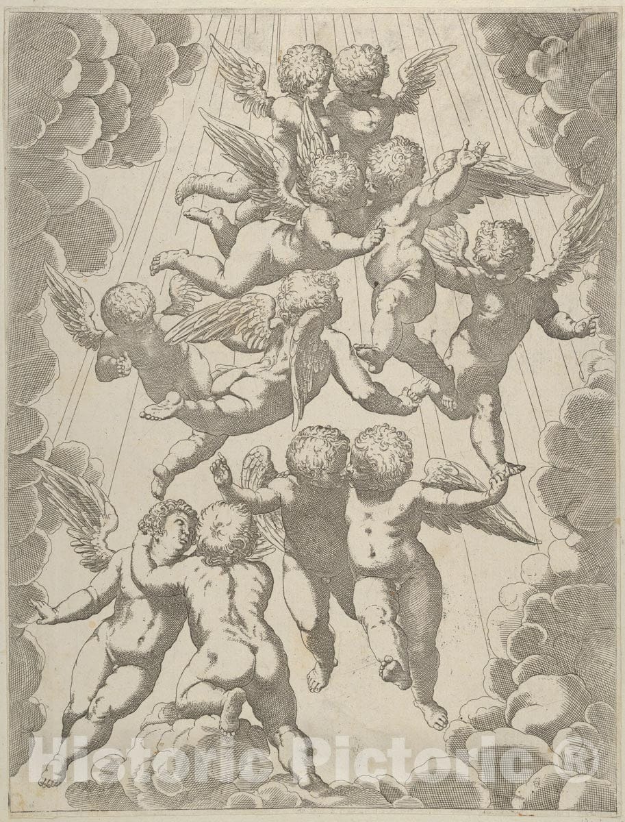 Art Print : Anonymous, 17th Century - A Group of Angels embracing in Flight, Framed by Clouds, After Reni : Vintage Wall Art