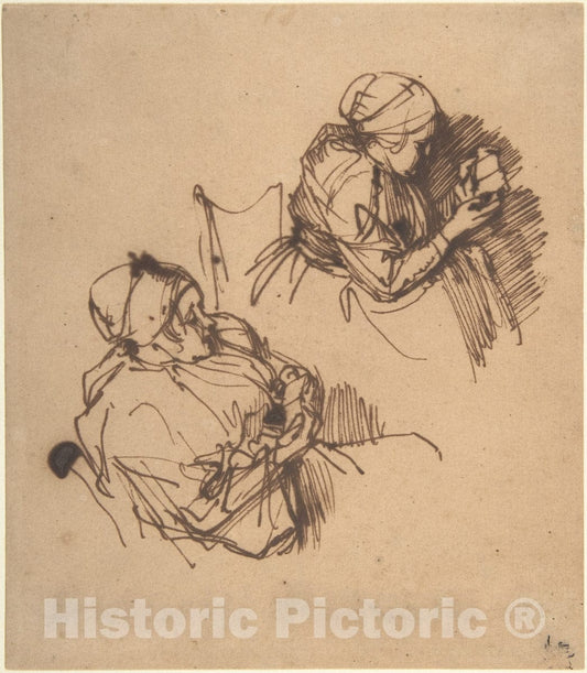 Art Print : Rembrandt (Rembrandt Van Rijn) - Two Studies of a Woman Reading : Vintage Wall Art