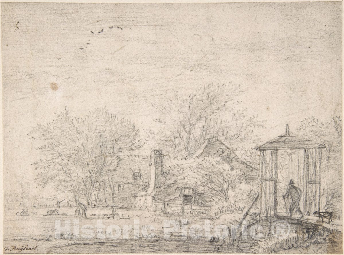 Art Print : Jacob Van Ruisdael - House Among Trees, at Right Man and Dog on a Footbridge : Vintage Wall Art