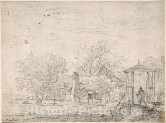 Art Print : Jacob Van Ruisdael - House Among Trees, at Right Man and Dog on a Footbridge : Vintage Wall Art