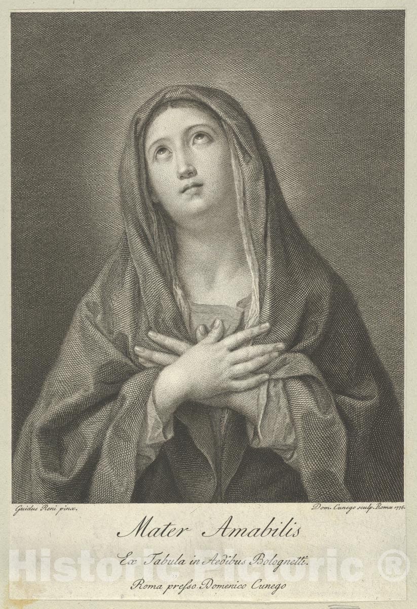 Art Print : Engraved by Domenico Cunego - The Virgin Looking Upwards with Hands Crossed Over her Chest, After Reni : Vintage Wall Art