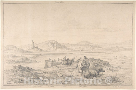 Art Print : Friedrich Preller The Elder - Italian Landscape with The Tiber River and Men with Cattle and a Boat : Vintage Wall Art