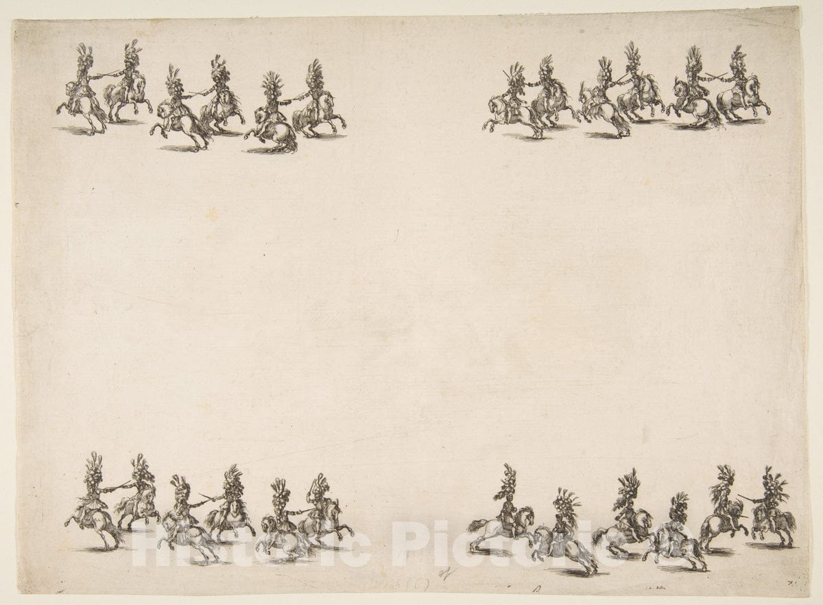 Art Print : Etched by Stefano Della Bella - Twenty-Four Cavaliers Battle with Swords in Four Groups : Vintage Wall Art