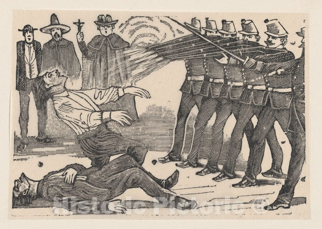 Art Print : José Guadalupe Posada - A Firing Squad executing Two Men, a Priest and Other Figures in The Background : Vintage Wall Art