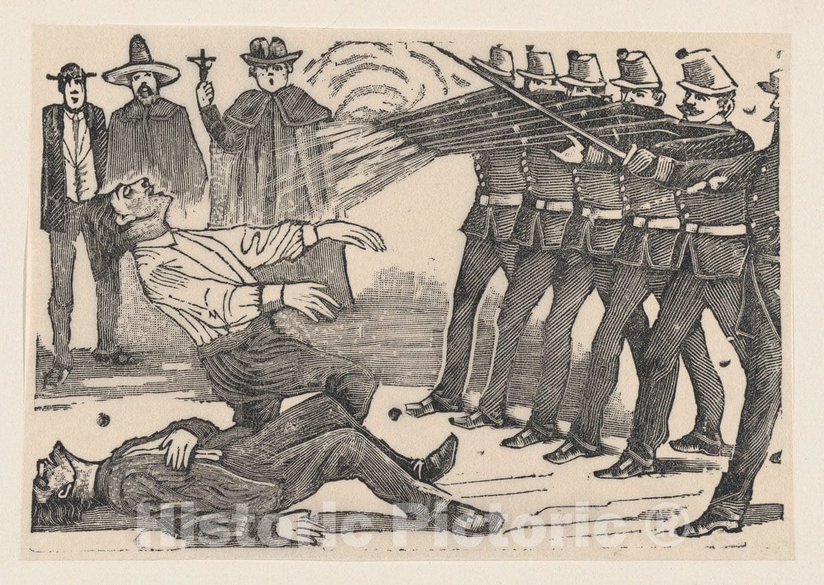 Art Print : José Guadalupe Posada - A Firing Squad executing Two Men, a Priest and Other Figures in The Background : Vintage Wall Art
