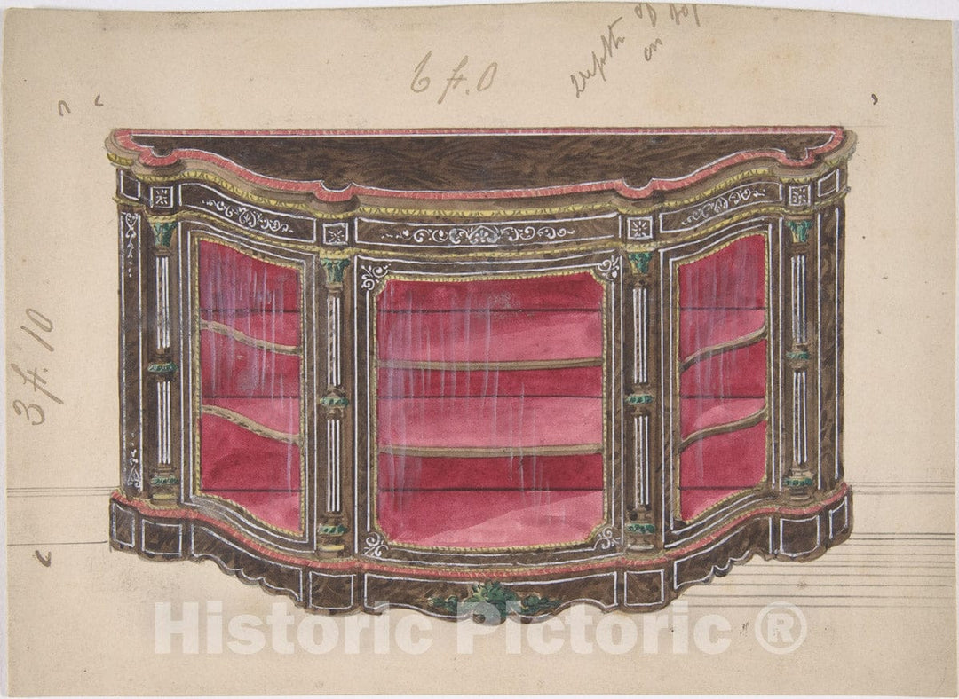 Art Print : British, 19th Century - Design for a Glass Fronted Cabinet with Red Interior : Vintage Wall Art