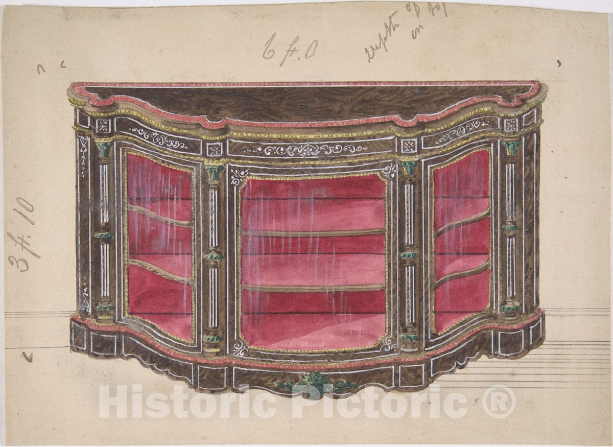Art Print : British, 19th Century - Design for a Glass Fronted Cabinet with Red Interior : Vintage Wall Art