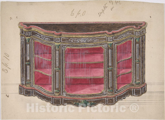 Art Print : British, 19th Century - Design for a Glass Fronted Cabinet with Red Interior : Vintage Wall Art