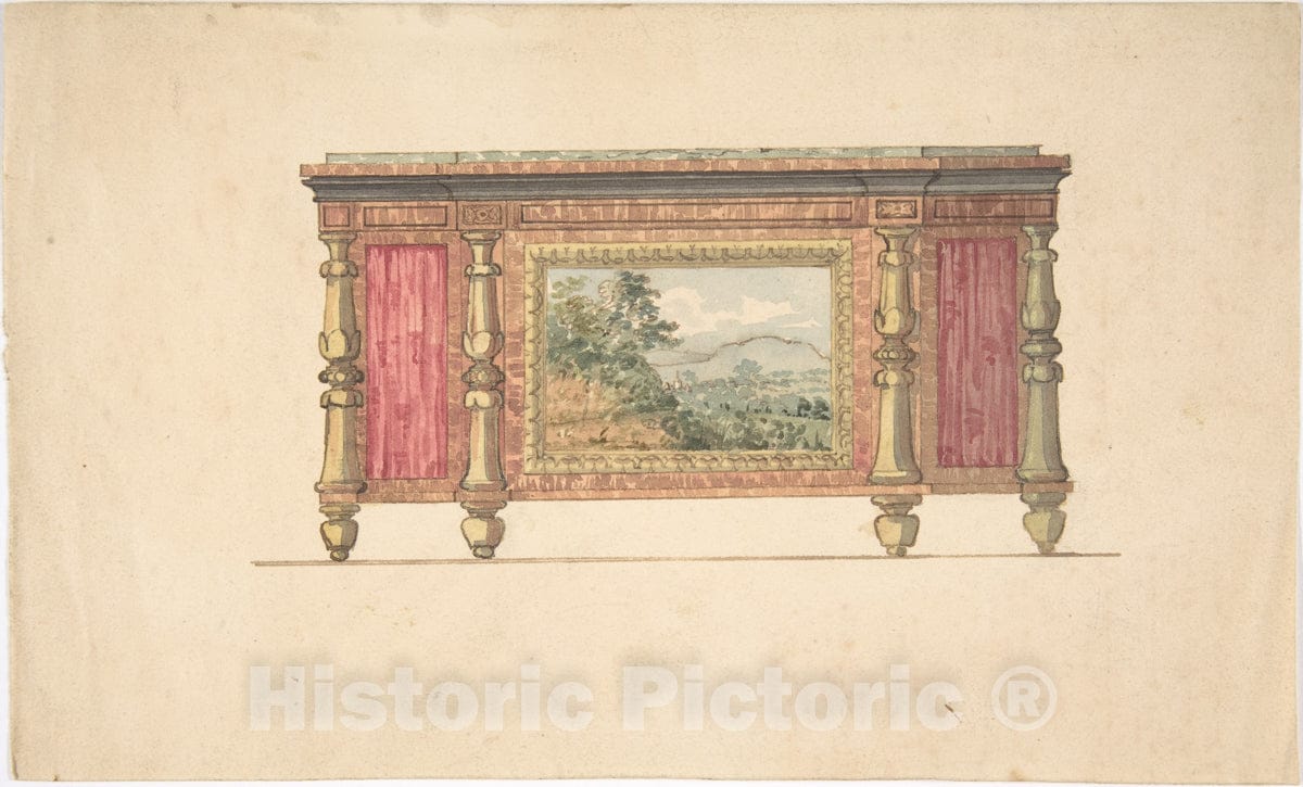 Art Print : British, 19th Century - Design for Sideboard with Inset Landscape : Vintage Wall Art