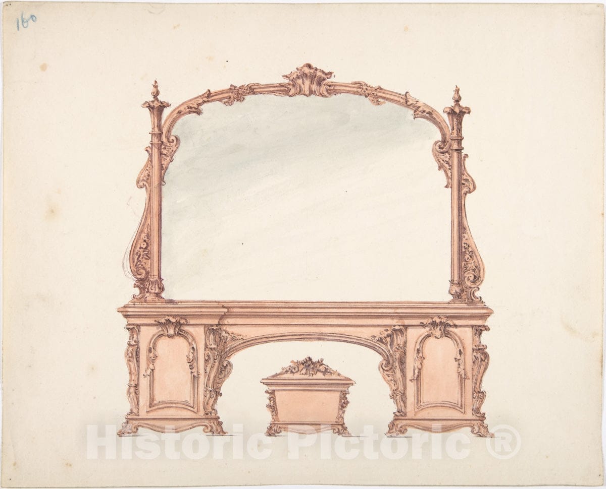 Art Print : British, 19th Century - Design for a Mirrored Sideboard with Rococo Ornament, and Casket 2 : Vintage Wall Art