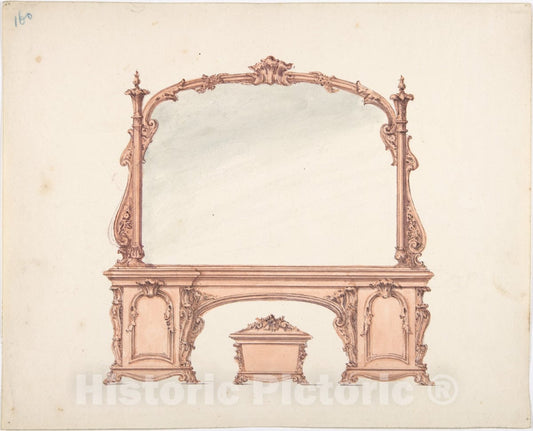 Art Print : British, 19th Century - Design for a Mirrored Sideboard with Rococo Ornament, and Casket 2 : Vintage Wall Art