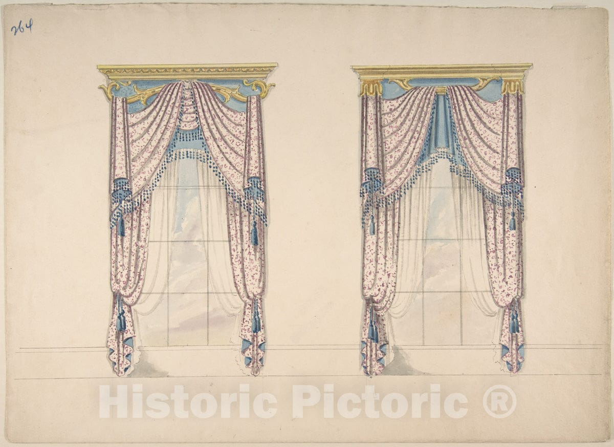Art Print : British, 19th Century - Design for Pink, White and Blue Curtains with Blue Fringes, and Gold and Blue Pediments : Vintage Wall Art