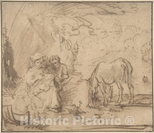 Art Print : School of Rembrandt (Rembrandt Van Rijn) - Rest on The Flight into Egypt : Vintage Wall Art