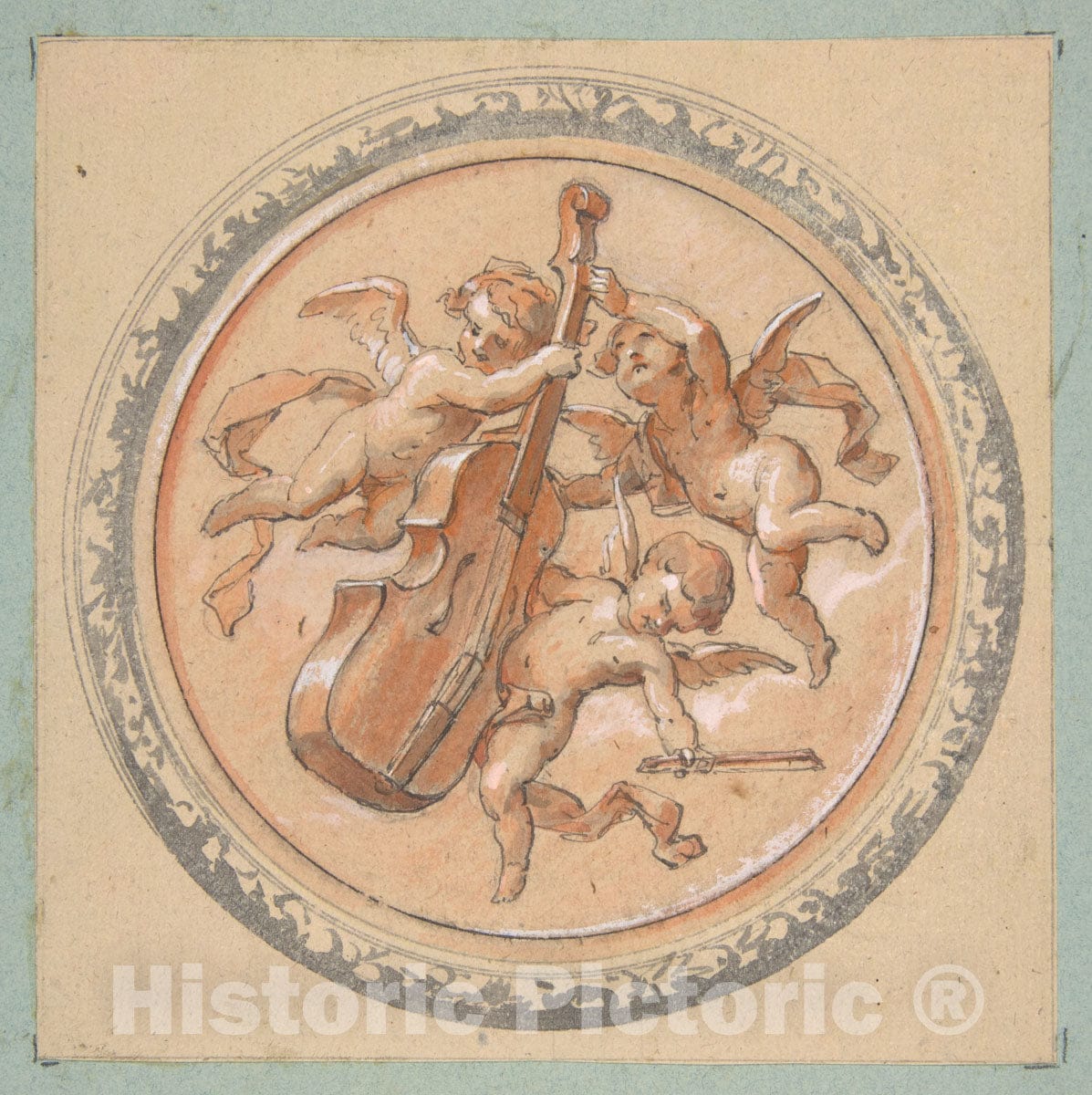 Art Print : Jules-Edmond-Charles Lachaise - Medallion with putti Holding a Cello : Vintage Wall Art