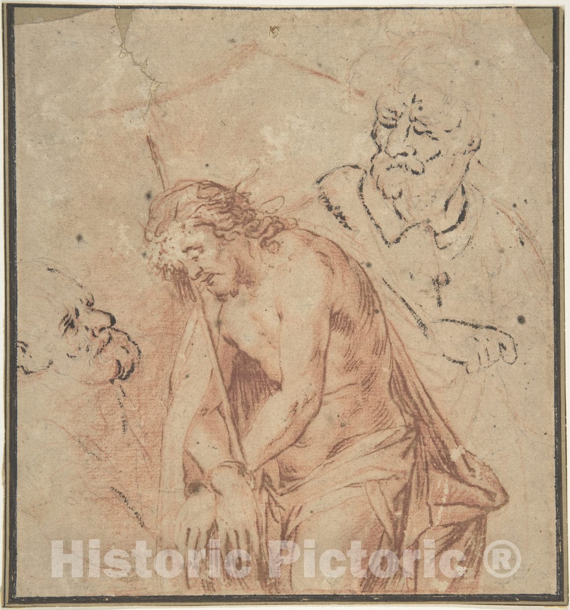 Art Print : Flemish, 17th Century - Man of Sorrows and Two Studies of Heads : Vintage Wall Art