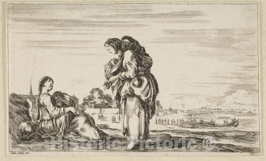 Art Print : A Woman Seated to Left Holding a Child, Facing Right in Profile - Artist: Stefano Della Bella - Created: 1649 v.2 : Vintage Wall Art