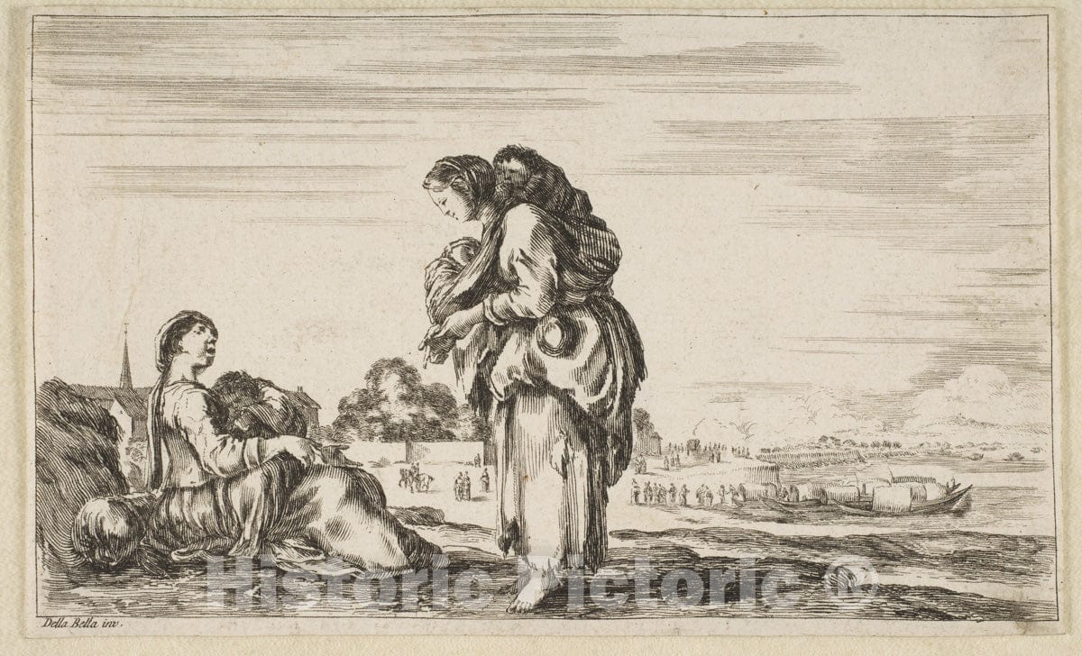 Art Print : A Woman Seated to Left Holding a Child, Facing Right in Profile - Artist: Stefano Della Bella - Created: 1649 v.2 : Vintage Wall Art