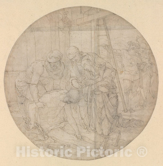 Art Print : Nikolaus Hogenberg - Christ at The Foot of The Cross, Mourned by Mary and John : Vintage Wall Art