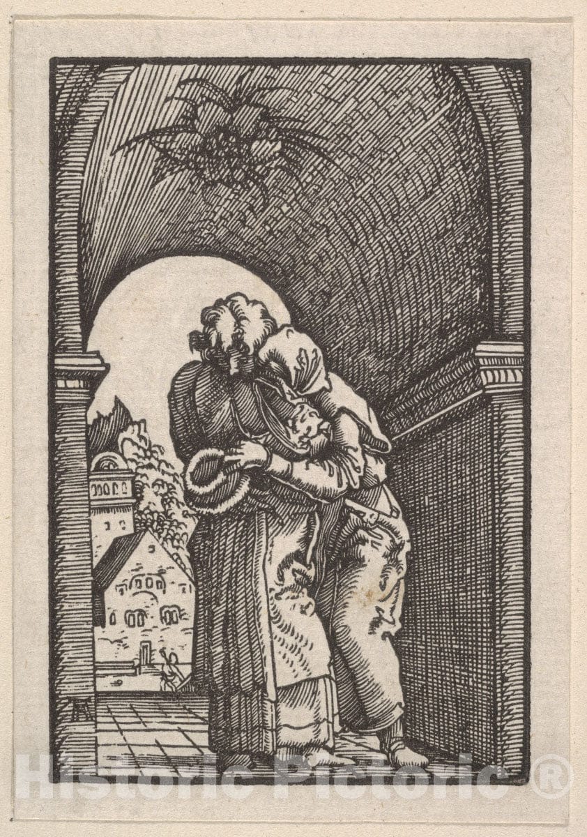 Art Print : Albrecht Altdorfer - Meeting of Joachim and Anna at The Golden Gate, from The Fall and Salvation of Mankind Through The Life and Passion of Christ : Vintage Wall Art