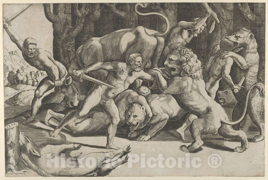 Art Print : Master of The Die - Five Men Fighting Beasts, at Lower Left is a Fallen Boar 2 : Vintage Wall Art