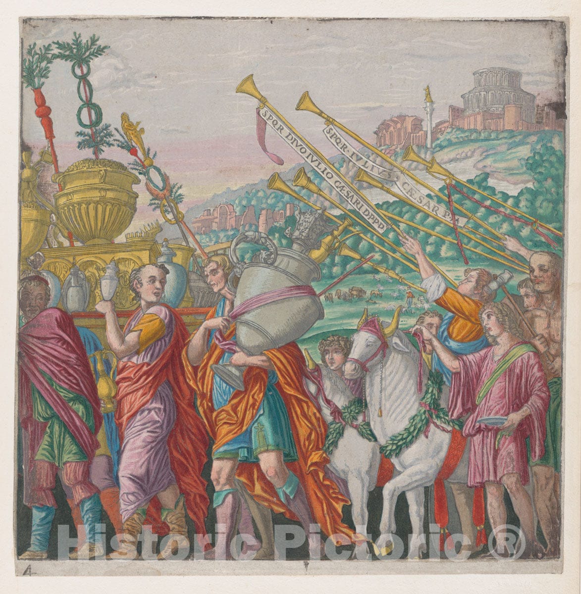 Art Print : Andrea Andreani - Sheet 4: Men Carrying Trophies at Left, Trumpeters at Right, from The Triumph of Julius Caesar : Vintage Wall Art