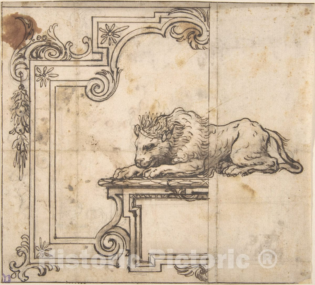 Art Print : Italian, 17th Century - Design for a Frame with Two Compartments and a Crowned Lion : Vintage Wall Art