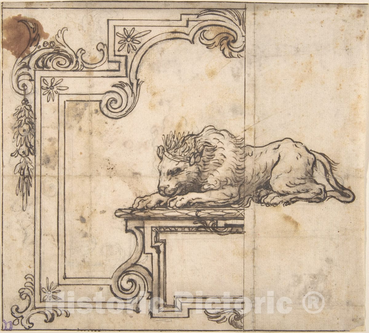 Art Print : Italian, 17th Century - Design for a Frame with Two Compartments and a Crowned Lion : Vintage Wall Art
