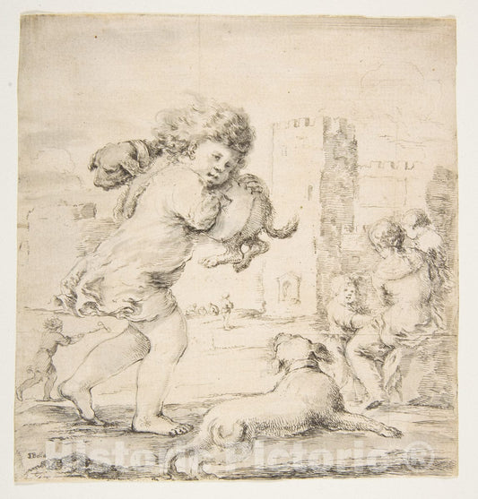 Art Print : Stefano Della Bella - Child Carrying a Puppy on his Shoulder 2 : Vintage Wall Art