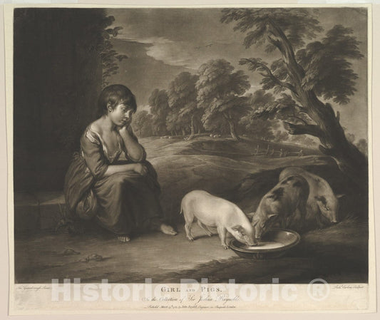 Art Print : Richard Earlom - Girl and Pigs : Vintage Wall Art
