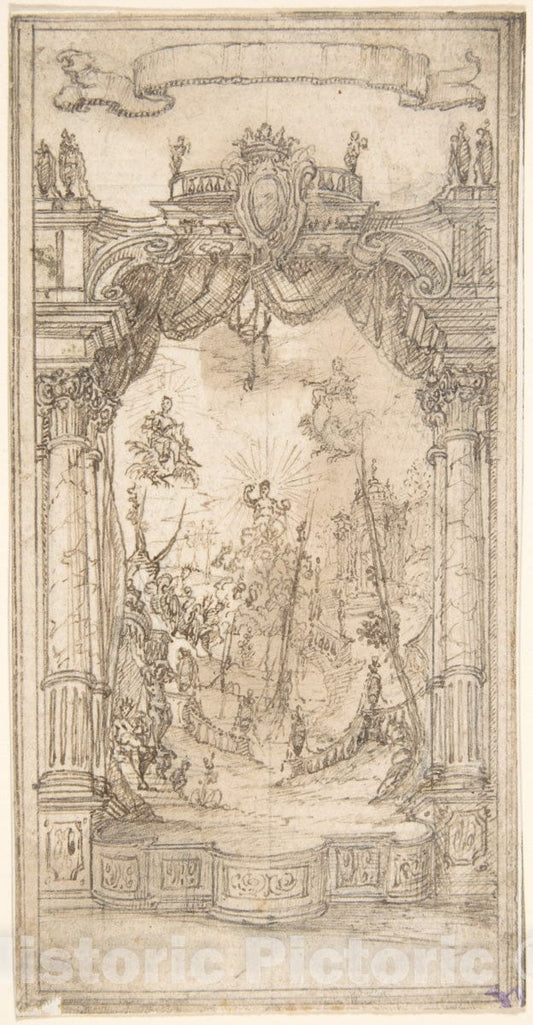 Art Print : Italian, First Half of The 18th Century - Design for a Stage Set or Illustration in a Fête Book with a Blank Scroll Above : Vintage Wall Art