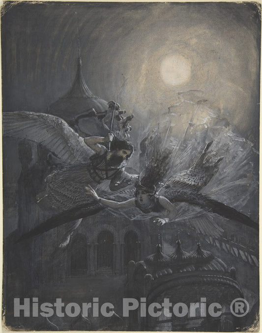 Art Print : British, 19th Century - Angel Scourging a Harpy (Recto); Athletic Scene (Verso) : Vintage Wall Art