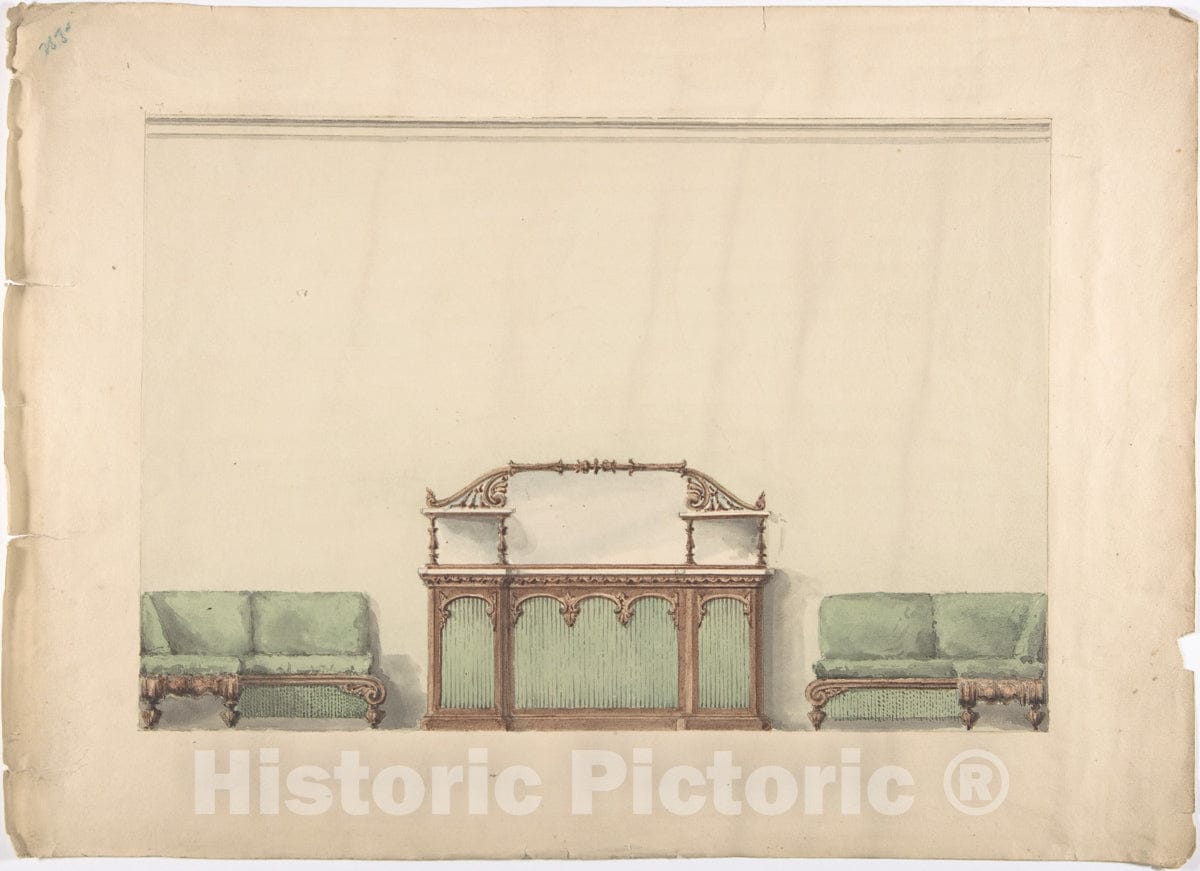 Art Print : British, 19th Century - Design for a Mirrored, Marble-Topped Cabinet and Two Sofas : Vintage Wall Art