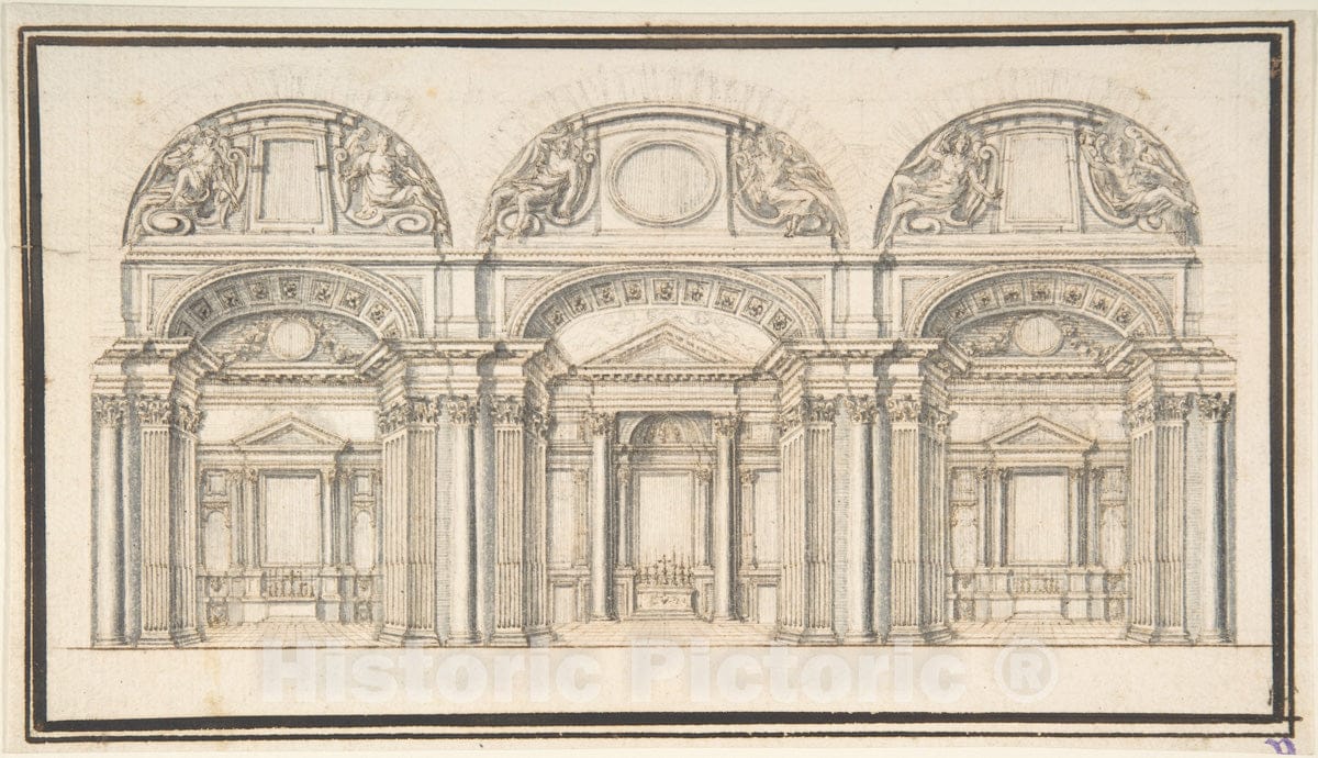 Art Print : Italian, Late 16th Century - Wall Elevation with Three Chapels; Floor Plan with Columns (Verso) : Vintage Wall Art