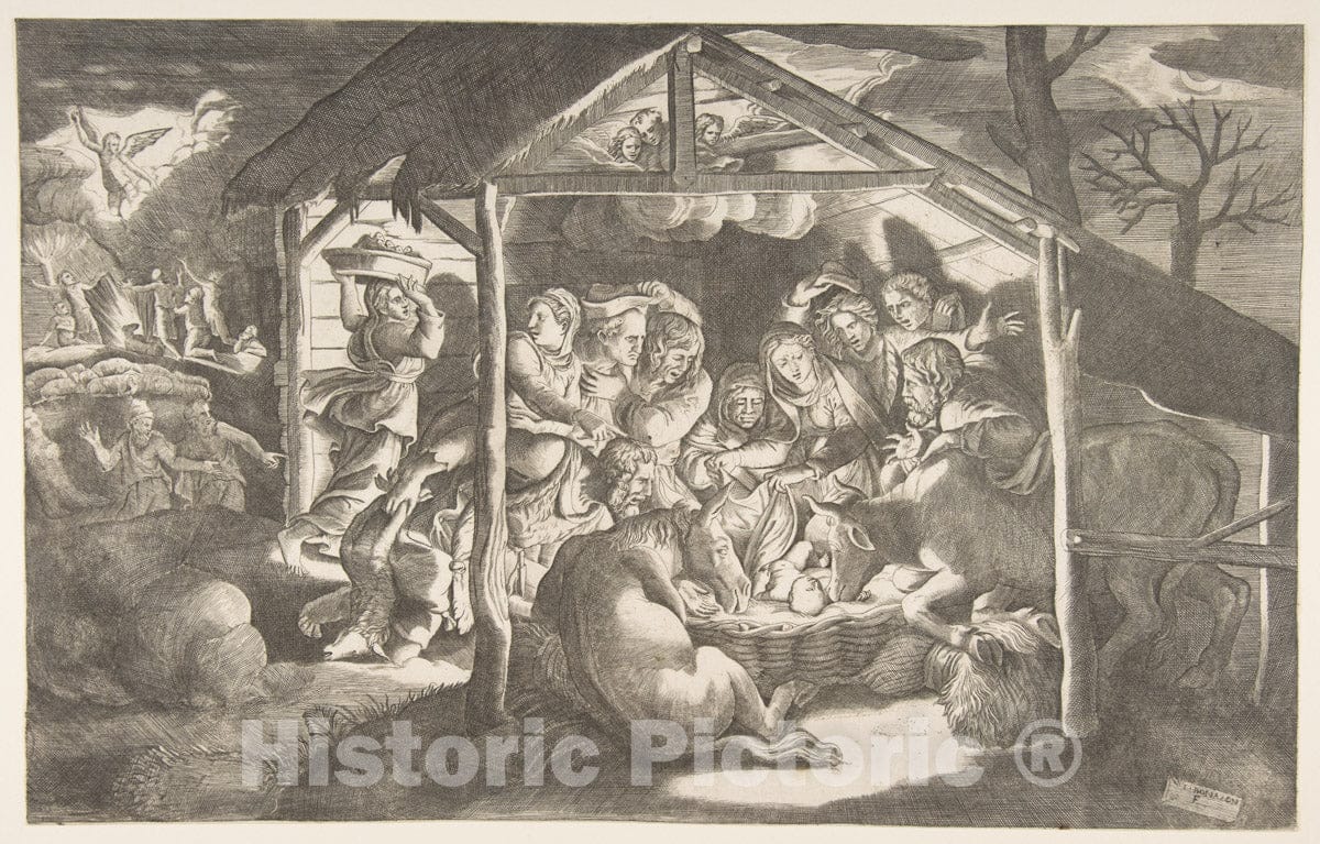 Art Print : Giulio Bonasone - The Adoration of The Shepherds, Various Figures at Night Surround The Christ Child : Vintage Wall Art