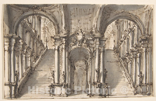 Art Print : Giovanni Battista Natali III - Design for a Stage Set: Double Stairway Pierced by an Arcade (Recto)