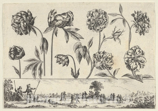 Art Print : Nicolas Cochin - Horizontal Panel with a Row of Flowers Above a Frieze with Figures in a Landscape 1 : Vintage Wall Art
