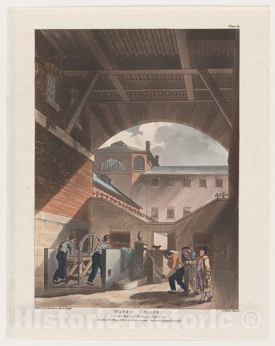 Art Print : Designed and Etched by Thomas Rowlandson - Water Engine, Cold-Bath Field's Prison (Microcosm of London, Plate 19) : Vintage Wall Art