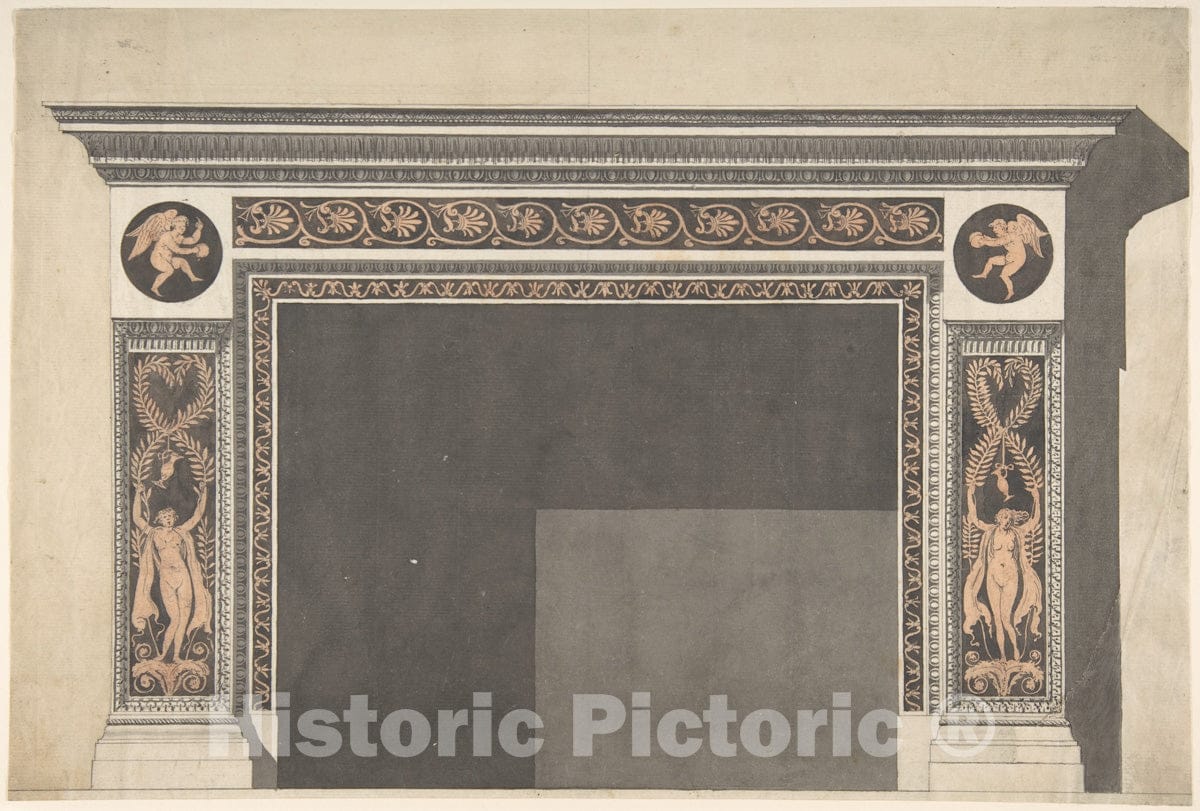 Art Print : Style of Robert Adam - Design for a Chimney Piece in The Pompeian Style : Vintage Wall Art