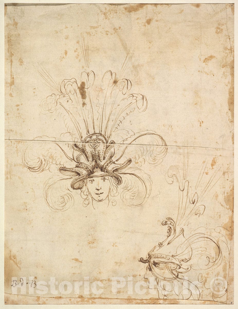 Art Print : Baccio del Bianco - Design for a Headdress (Front and Side View) : Vintage Wall Art
