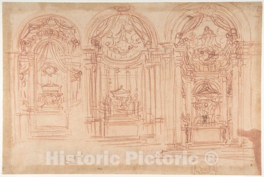 Art Print : Design for a Catafalgue Used on The Occasion of The Canonization of Saint Mary Magdalen de' Pazzi - Baldassarre Franceschini (il Volterrano) - 1669 : Vintage Wall Art