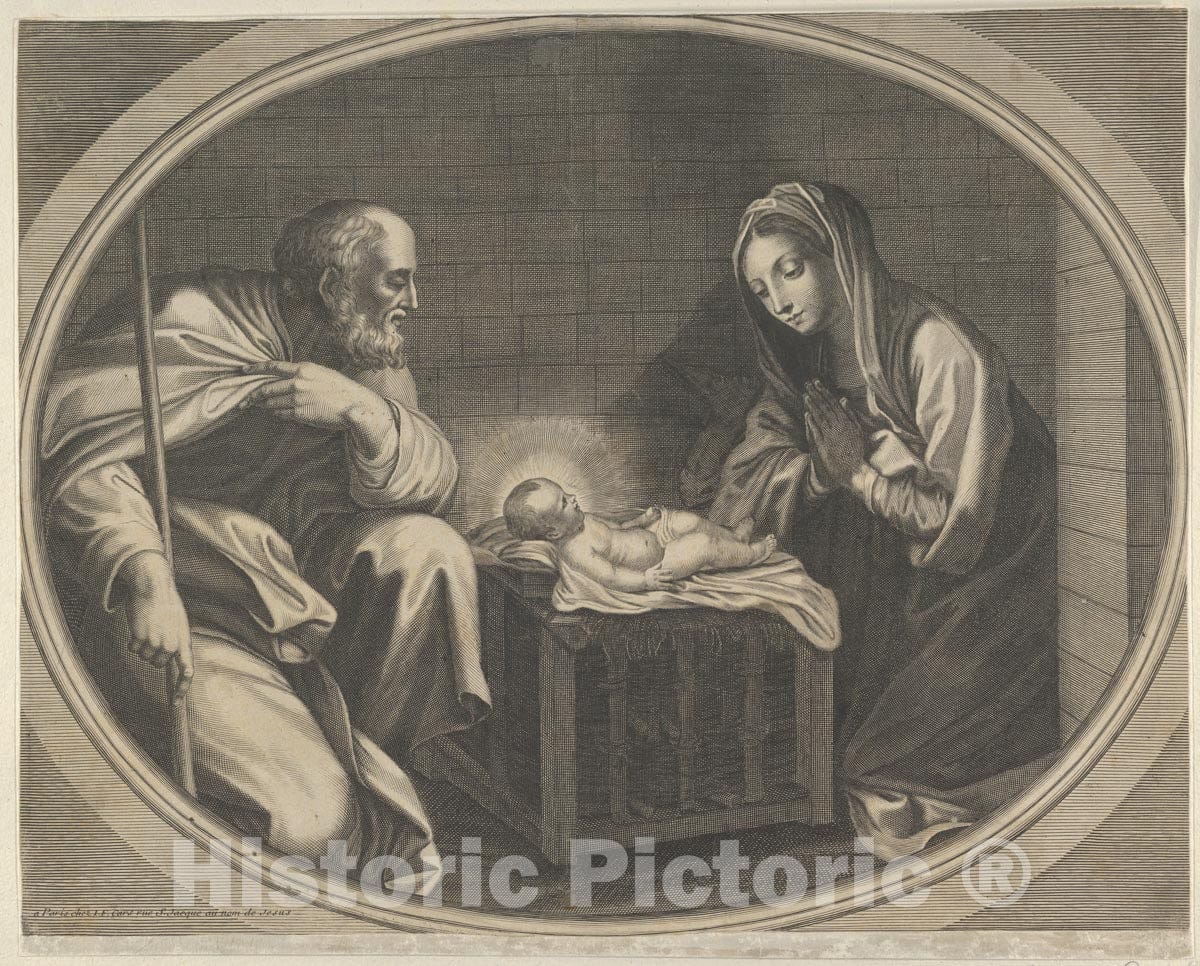 Art Print : The Virgin Kneeling in Prayer Before The Infant Christ who is Lying on a Wooden Box - Artist: Anonymous - Created: c1680 : Vintage Wall Art